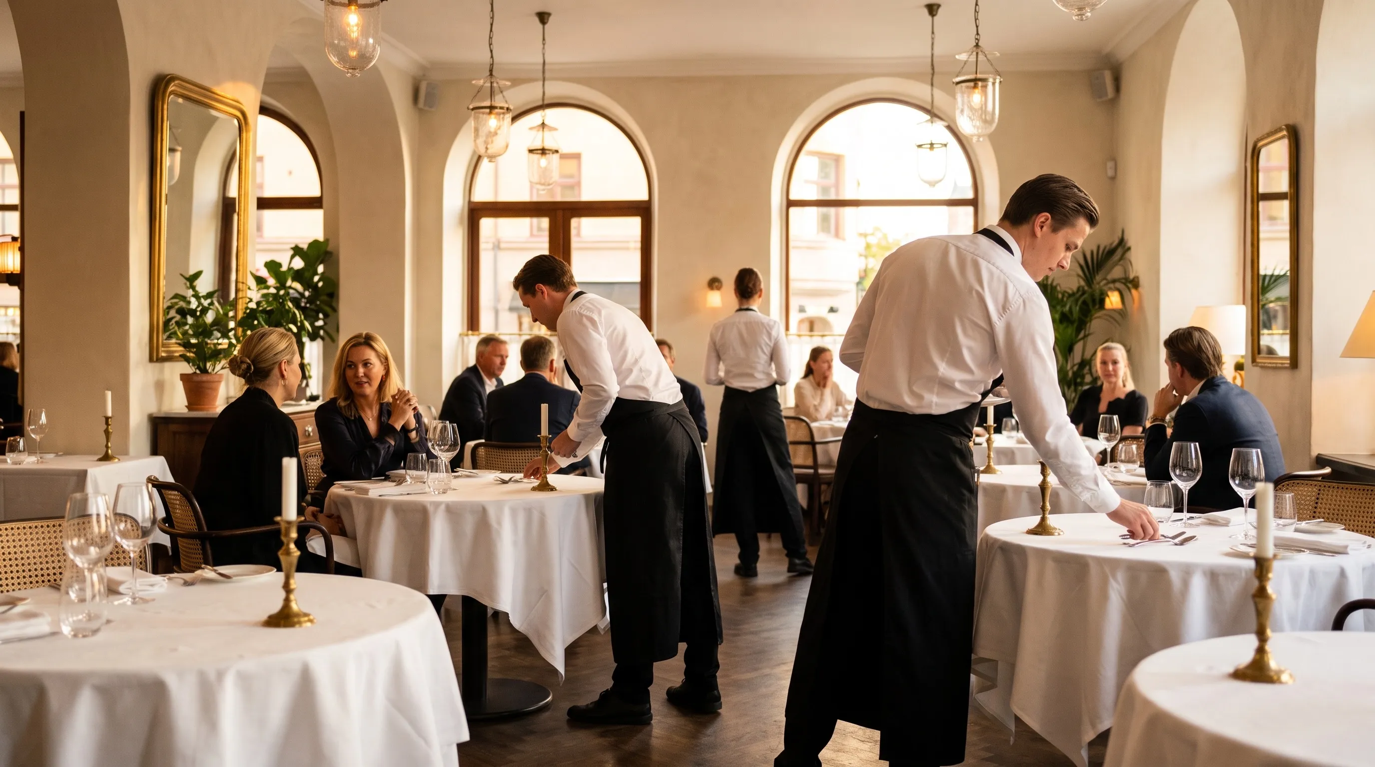 Elegancka sala restauracji w złotym świetle, kelnerzy kończą nakrywać stoły