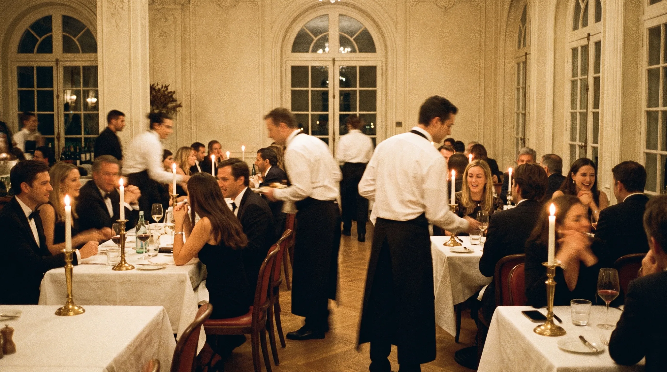 Wieczorny serwis w pełnej sali eleganckiej restauracji, kelnerzy między stolikami przy świecach