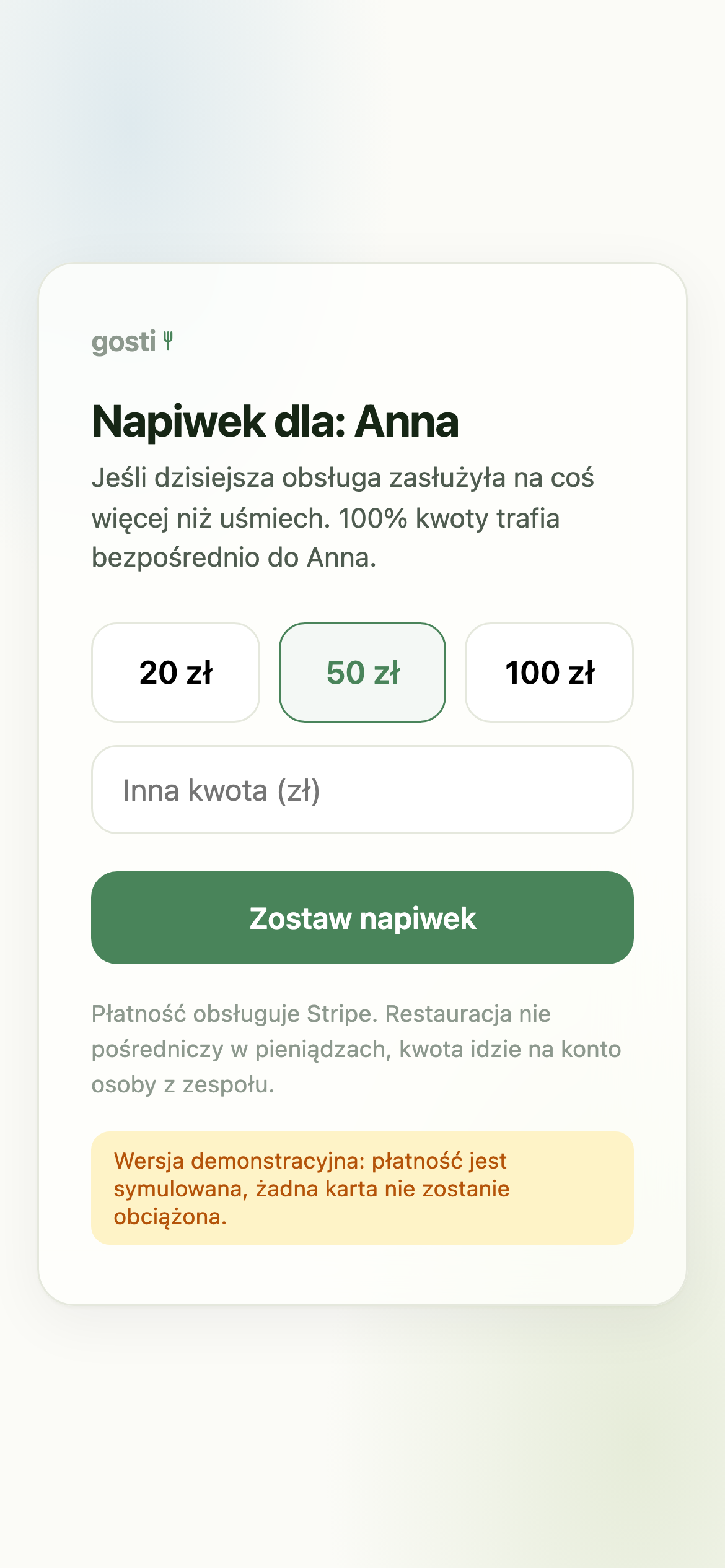 Strona napiwku Gosti na telefonie: wybór kwoty 20, 50 lub 100 zł dla Anny